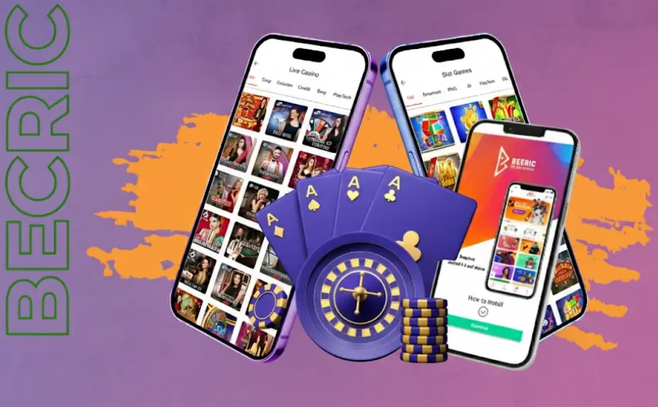 Promotional image for the /Becric casino app showcasing popular games like Aviator and Lucky Jet on a smartphone screen