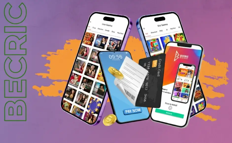 Graphic displaying logos of various deposit and withdrawal methods available on the Becric app, like Visa, Mastercard, and e-wallets