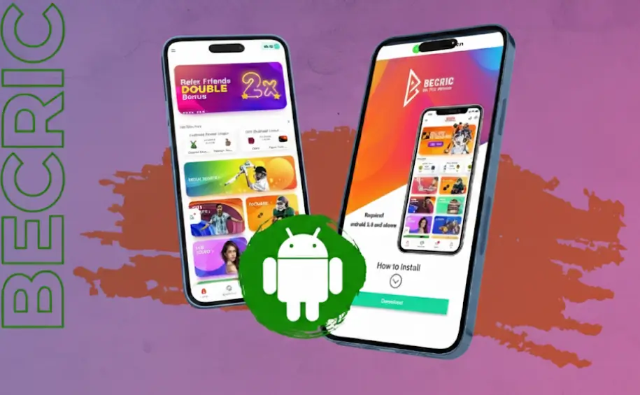 Visual instructions on downloading and installing the Becric APK file on an Android smartphone